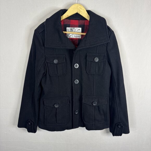 Talula Wool Blend Jacket Women’s M Black Utility Coat Buffalo Plaid Lining - Picture 1 of 8